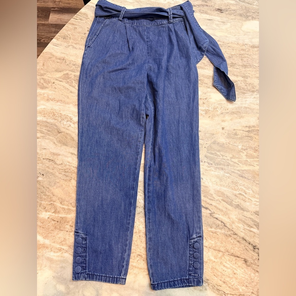 Eva Mendes Paperbag Waist Denim Pants Tie Belt Tapered Leg SZ Small